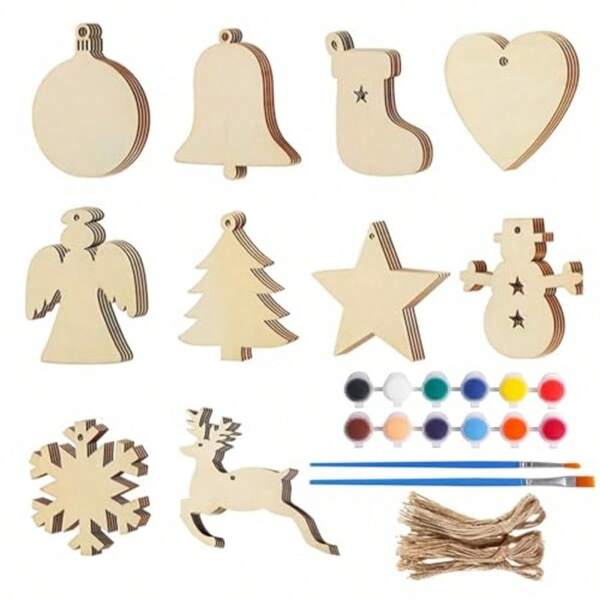 50 Pcs Unfinished Paintable Blank Wooden Festival Decoration Ornaments Tree Hanging Wood Slices For DIY Art Crafts With Painting Brush For Party Supplies DIY Decor