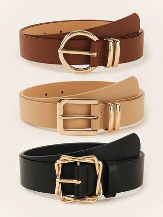 1 pieza/3 piezas Cinturón de señora elegante, hecho de material de cuero de alta calidad, con hebilla de aleación dorada, se puede combinar con pantalones y faldas para uso diario. Cinturones para mujer.
