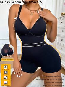 1pc Sexy V-Neck Fixed Cup High Elasticity Knit Fabric Women Ribbed Lifting Shaping Bodysuit With Panty - Black - View 5