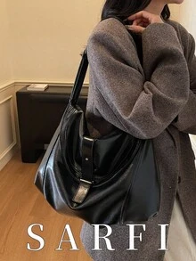 Fashionable And Personalized Buckle Design Women's Shoulder Bag, High-End Atmosphere Simple Solid Color Adjustable Shoulder Strap Crossbody Bag, New Autumn And Winter Brown Tote Bag, Suitable For College Students' Daily Travel Shopping, Lightweight Large Capacity Storage Commuter Bag