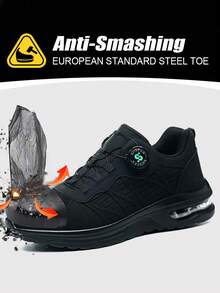 1 par de zapatillas deportivas con puntera de acero para hombres, zapatos de trabajo para mujeres, zapatillas deportivas de seguridad con puntera de acero para hombres, zapatos de seguridad para mujeres, zapatillas deportivas de trabajo para hombres, zapatos de trabajo antipinchazos y antiaplastamiento con suela acolchada y transpirable, calzado de seguridad con parte superior de malla negra, zapatos irrompibles para senderismo y trabajo al aire libre, botas de trabajo cómodas y ligeras con suela de EVA para hombres y mujeres