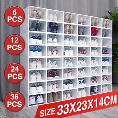 6/12/24/36 Pack Foldable Shoe Box Storage Case Clear Boxes Stackable Transparent Organizer White Plastic Shoe Containers With Clear Door Space Saving, Storage Container