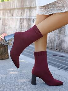Elastic Knit Pointed Toe Mid-Calf Boots For Women, High Heel, Slim Fit, Wine Red, Fashion Footwear, Autumn/Winter, European And American Style - Burgundy Chunky Heels - View 5