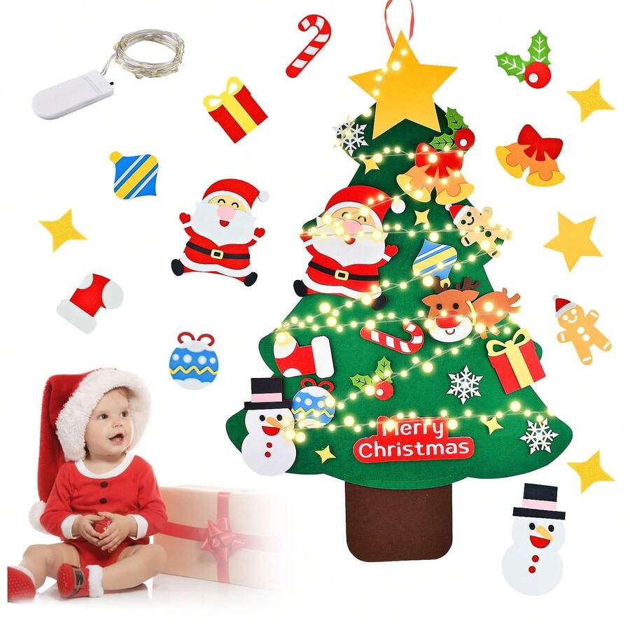 MOLOLAN Set Árbol de Navidad de fieltro DIY con luces, muñeco de nieve de Navidad, Papá Noel y diseño de corona de Navidad, decoraciones de árbol de Navidad, adornos navideños, decoraciones navideñas, decoración de fiesta de Navidad, Nochebuena, decoración de habitación navideña, regalos de Navidad, decoración de pared navideña, decoraciones navideñas para el hogar, decoraciones colgantes navideñas, decoración navideña, bolas de Navidad, regalos de Navidad, Navidad, decoración de Año Nuevo 2026