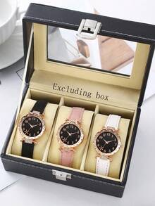 3件套女士PU皮革心形表盘石英表，黑色/白色/粉色（不含表盒） - 彩色 - 查看 6