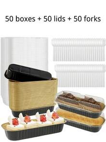 50件套铝箔迷你吐司模具套装（包含50个模具、50个盖子和50个叉子），长方形烘焙杯，玛芬模具，一次性烘焙托盘，迷你烘焙架 - 金色/红色/黑色 - 彩色 - 查看 13