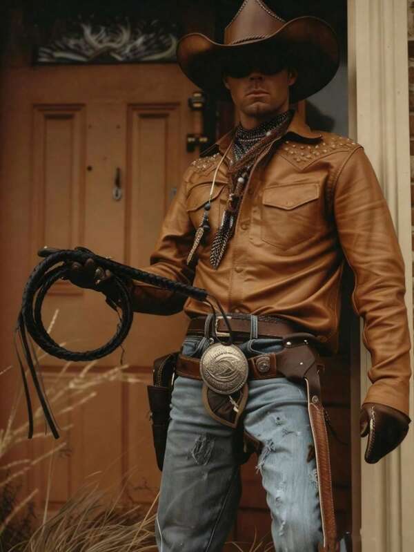 1 pieza/Set Látigo de cuero negro estilo vaquero occidental - Accesorio de disfraz, adecuado para atuendos de vaquero