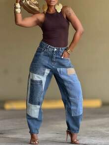 Magic Mia Women's Y2K Patchwork Jeans - High Waisted Baggy Fit With Vintage Wash & Cargo Pockets | Distressed Denim Pants For Streetwear, Casual Daily & Edgy Style - 藍色 - 查看 3