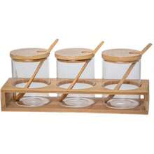 Set Of 3 Spice Jars With Bamboo Lids, 300ml, Tray, Container, Spoon, Food Storage Organizer - Mocha Brown - View 4