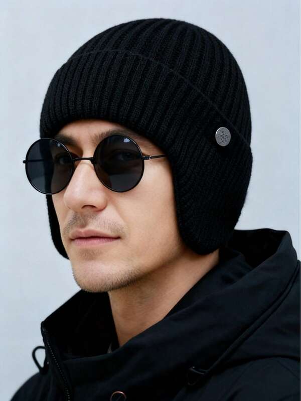 1pc Winter Knit Ear Warmer Hat For Men, Thermal Lined Thick Outdoor Warm Windproof Beanie