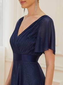 EVERPRETTY Đầm phù dâu màu xanh hải quân thanh lịch, cổ chữ V, tay bồng, đính sequin, thích hợp cho khách dự đám cưới, tiệc tối trang trọng, lễ tốt nghiệp, lễ đón năm mới và các dịp bán trang trọng. - Màu xanh hải quân - Xem 7