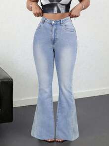 Light Wash Blue New Simple Long Women's Jeans - High Waist, Slim Fit, Stretch, Elegant, Fashionable, Casual, Versatile, Back-To-School Street Style, Y2K, 2000s Fashion, Autumn & Winter Clothing, Retro Apparel, Perfect For Halloween And Christmas Outfits