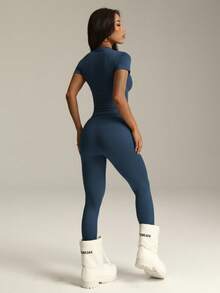 Women Casual Solid Color High Elastic Short Sleeve T-Shirt And High Waist Legging Sports Suit Gym Set Workout Women Set Women Leggings Set - Màu xanh hải quân - Xem 3