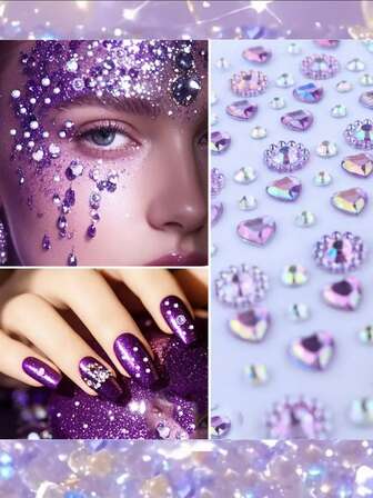 紫色炫彩面部宝石，节日妆容水钻，心形面部贴纸，派对眼唇水钻贴片，魅力妆容配件，锐舞派对必备，自粘式面部水晶，全息紫色面部装饰，多尺寸心形水钻，炫彩紫色面部宝石套装，节日妆容必备，可重复使用的自粘式心形水钻，适用于眼唇。