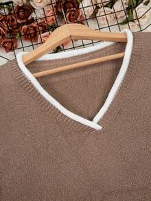 Damen Pullover in Große Größen mit V-Ausschnitt, lässig, einfarbig, Langarm - Braun - Übersicht 4