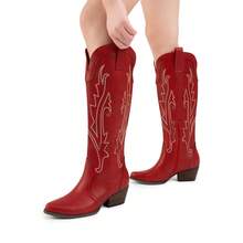 Womens Cowboy Cowgirl Knee High Boots Comfortable Pull-On Chunky Heel Embroidered Western Retro Tall Boots With Side Zipper - Đỏ - Xem 10