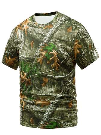 夏季健身男士户外狩猎系列钓鱼衬衫，迷彩仿生迷彩运动速干透气短袖T恤