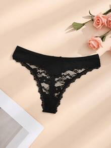 4pcs/Pack Women's Black & White Sexy Lace Patchwork Butterfly Thong Panties, Seamless & Stretchy - Black and White - View 10