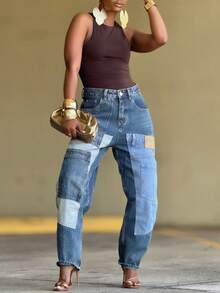 Magic Mia Women's Y2K Patchwork Jeans - High Waisted Baggy Fit With Vintage Wash & Cargo Pockets | Distressed Denim Pants For Streetwear, Casual Daily & Edgy Style - 藍色 - 查看 4