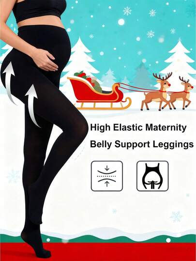 1 pieza Medias opacas elegantes y festivas de color negro para mujer embarazada | Medias de peso medio con tirantes ajustables y cintura que se mantiene arriba, refinadas para reuniones familiares navideñas