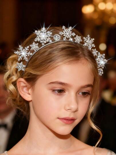 1 pieza Diadema navideña con copos de nieve para niños, tocado con flor de brillantes de super brillo, regalo de Navidad, corona de princesa aro para el cabello 3D