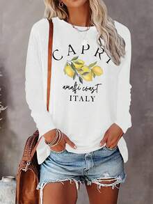 CHICLY19 Women's "Capri Amalfi Coast Italy" Long Sleeve T-Shirt, Lemon Print Casual Tee, Round Neck Loose Fit Travel Inspired Top, Soft Lightweight Fabric Everyday Wear, Italian Summer Aesthetic, Fresh Vacation Style Blouse, Versatile Spring & Summer Casual Outfit, Simple Lemon Graphic Apparel For Women - 白色 - 查看 1