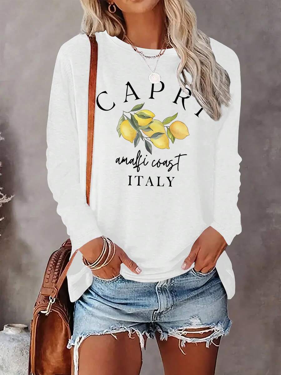 CHICLY19 Women's "Capri Amalfi Coast Italy" Long Sleeve T-Shirt, Lemon Print Casual Tee, Round Neck Loose Fit Travel Inspired Top, Soft Lightweight Fabric Everyday Wear, Italian Summer Aesthetic, Fresh Vacation Style Blouse, Versatile Spring & Summer Casual Outfit, Simple Lemon Graphic Apparel For Women - 白色 - 查看 1