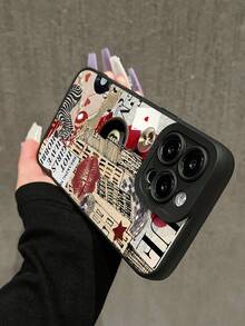 1pc Collage Style Red Lips, Zebra, Leopard, Playing Card, Letter Graphic Black Cat Eye Full Coverage Phone Case, Compatible With IPhone 11/12/13/14/15/16 Pro Max - Multicolor - View 3