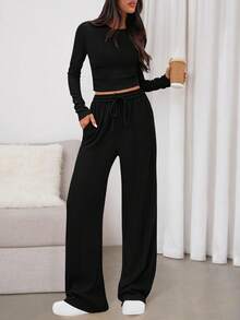 Women's 2 Piece  Long Sleeve Crop Top Wide Leg Palazzo Pants Set Tracksuits Casual Outfit - 黑色 - 查看 5
