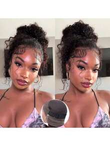 ZHENDEFA Jerry Curly 360°蕾丝前假发，真人发丝，升级版隐藏式绑带，360°高清透明蕾丝假发，带抽绳，预先拔毛，带婴儿发，女士款，自然黑 - SNatural - 查看 2