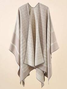 1 chiếc khăn choàng Poncho họa tiết kẻ caro hình học dành cho nữ, khăn choàng ấm áp thường ngày mặc ngoài cho mùa thu/đông - Màu Khaki - Xem 3