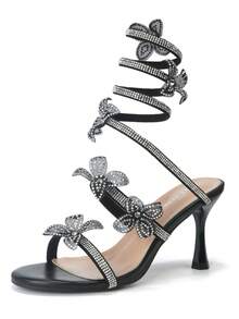 RevReaL Rhinestone Floral Lace-Up Heeled Sandals沙灘搭扣水鑽 - 黑色 - 查看 2