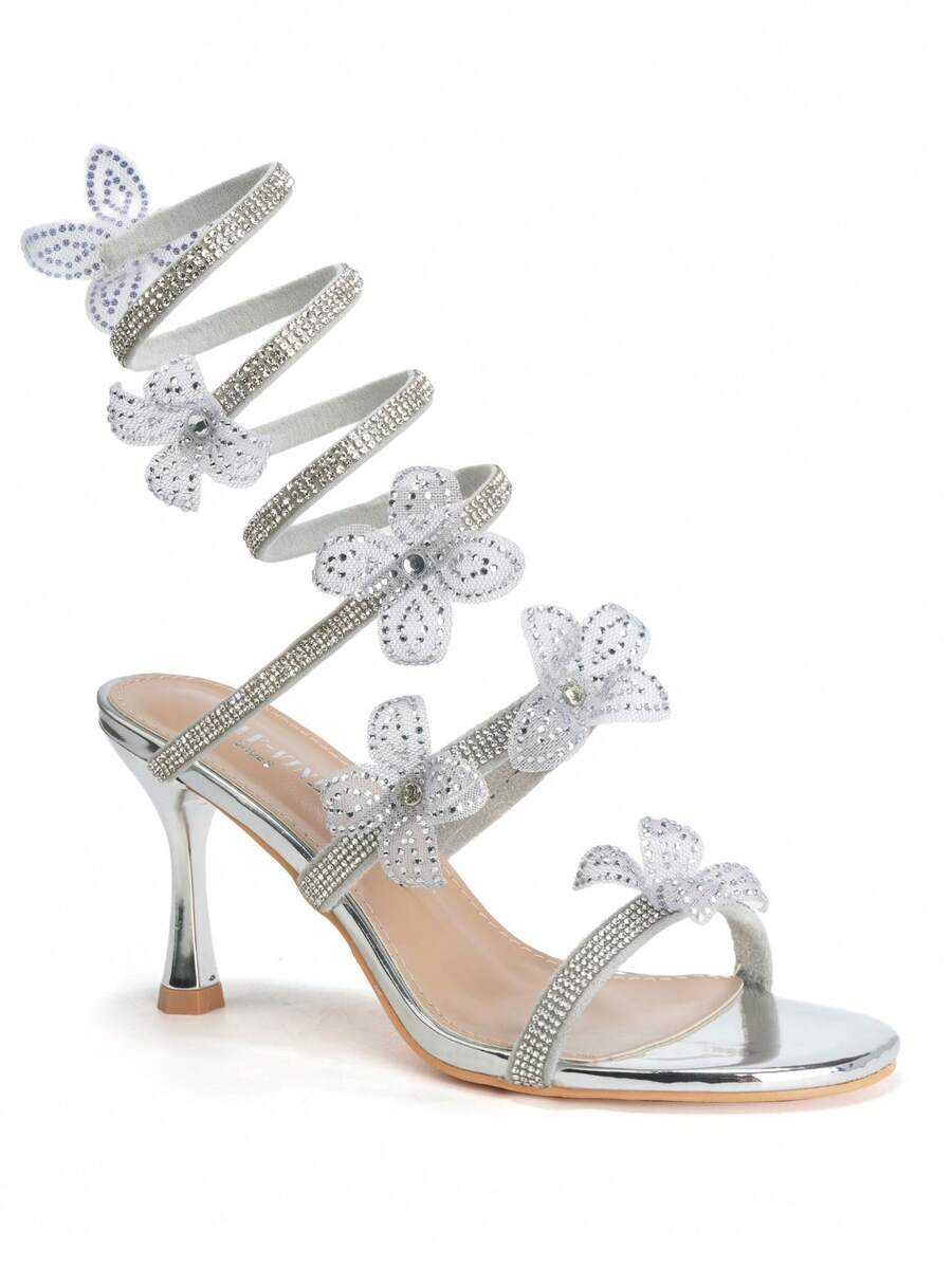 RevReaL Strass Blumen Schnürsandalen mit Absatz Strandschnalle Strass - Silber - View 1