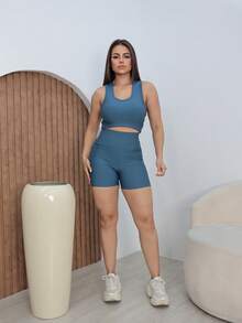 SHOWOFF Fitness Gym Set: Mid-Thigh Shorts With Top. - Serenity Blue - View 5