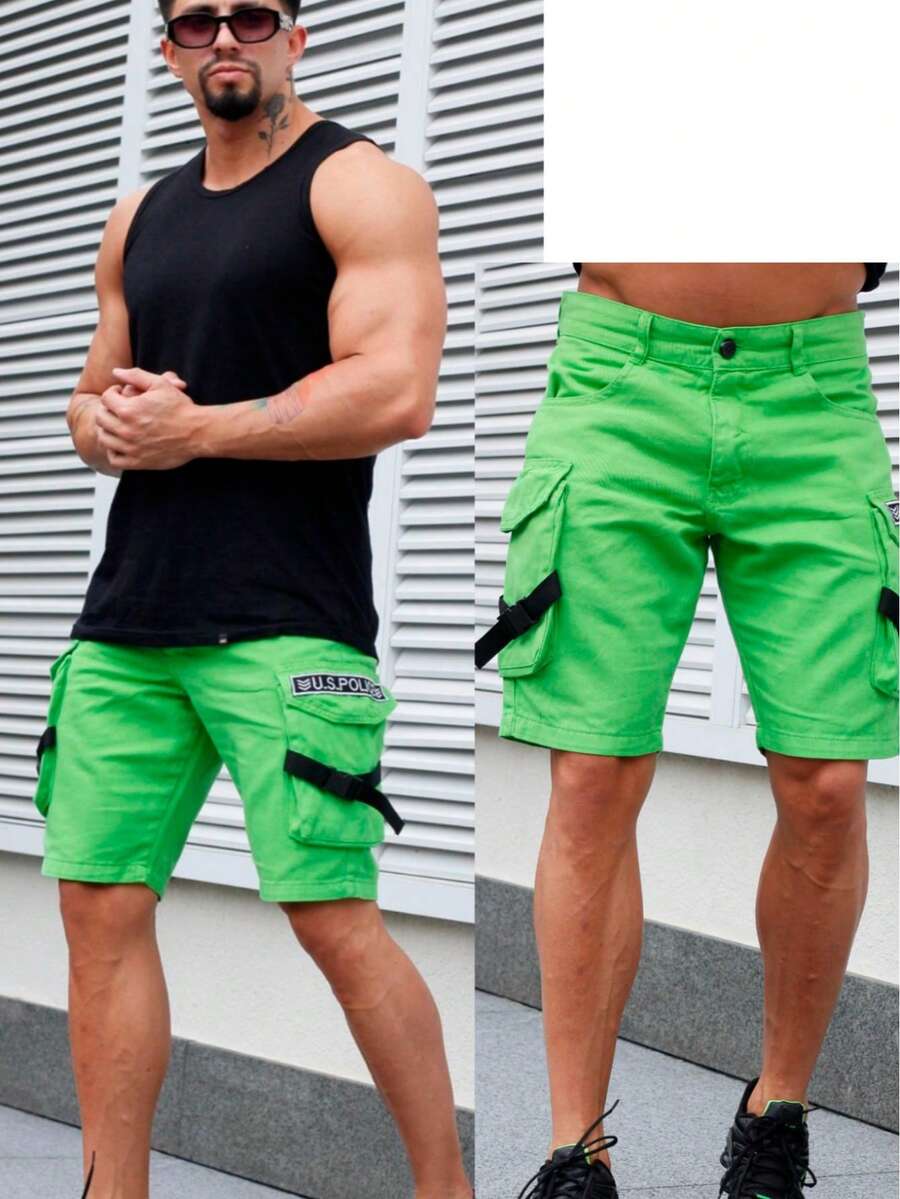 Men Denim Shorts - 青檸色 - 查看 1