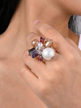 1pc Vintage Luxury Exaggerated Crystal & Faux Pearl Flower Adjustable Ring, Suitable For Women's Daily Wear, Wedding, Party, Birthday, Anniversary Gift