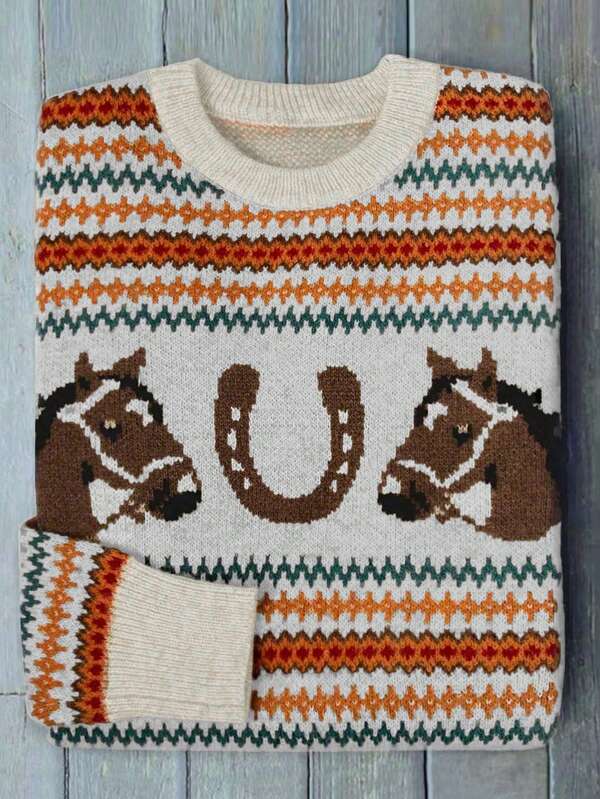 Fashionable, Casual, Loose & Comfortable, Creative, Contrast Color Horse Head Pattern, Knitted Long Sleeve Sweater
