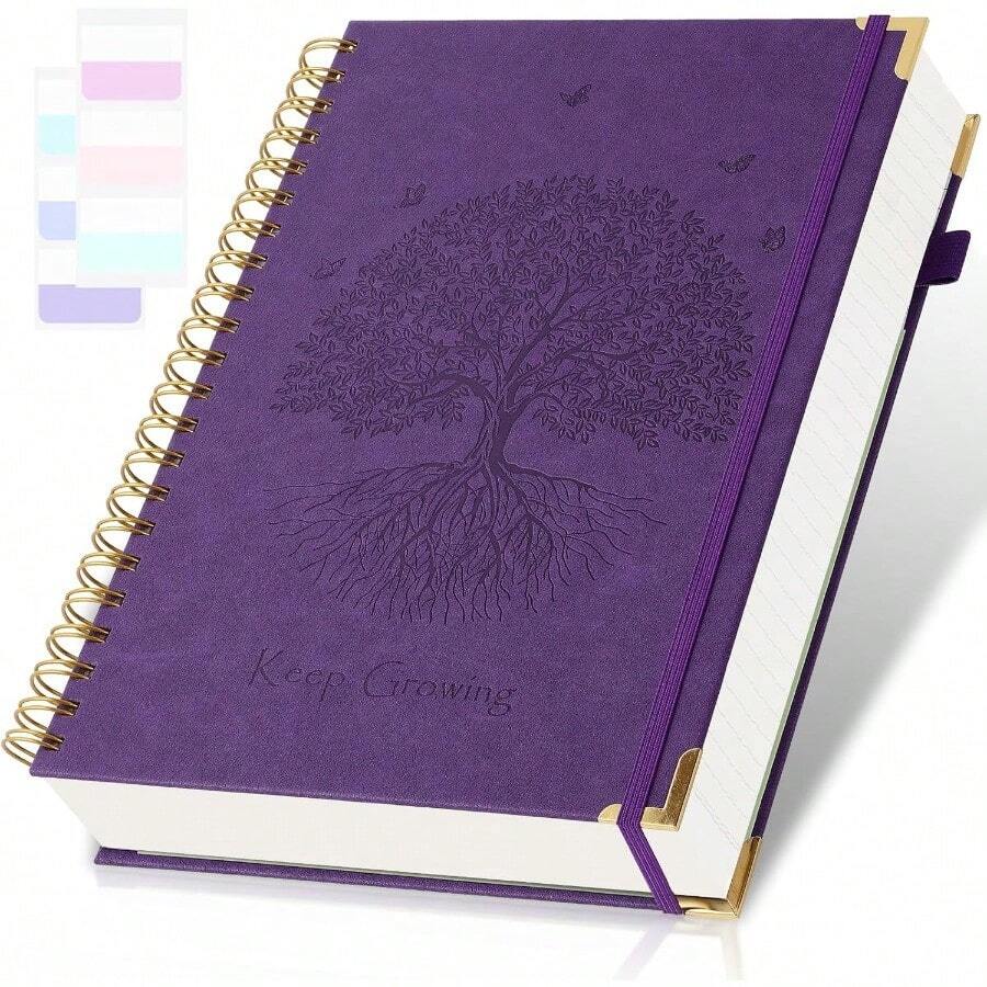 Spiral Notebook College Ruled Notebook 8.5" x 11" 300 Pages Leather Journals for Writing A4 Hardcover Journaling Notebooks for Work School 24pcs Tabs Large Embossed Journal for Women Men Purple - Púrpura - Ver 1