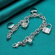 925 Sterling Silver Plated Lock Pendant Bracelets For Women Men Wedding Party Fashion Jewelry - Silver - View 2