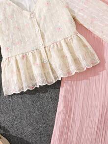 Left Mama 2pcs Girls Elegant Floral Print Long Sleeve Top And Straight Leg Pants Set, Spring/Autumn - Beige - View 5