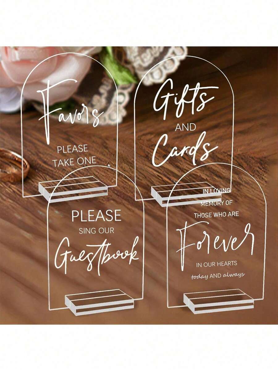 4件套透明婚礼接待指示牌，5x7英寸现代婚礼方向指示牌，包括签到簿指示牌、卡片和礼品桌指示牌、请带回礼指示牌、缅怀逝者指示牌、婚礼接待装饰 - 白色 - 查看 1