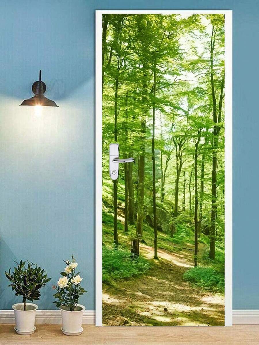 2 Stück, 3D Wald Wandbild Tür Aufkleber, abnehmbare selbstklebende Vinyl Wald Pfad Tür Tapete, wasserfest und ölbeständig, passend für Schlafzimmer, Wohnzimmer, Badezimmer, Raum Tür Poster Dekor Wandaufkleber Raumdekoration Wanddekoration Wandaufkleber Schlafzimmerdekoration Küchendekoration Heimdekoration