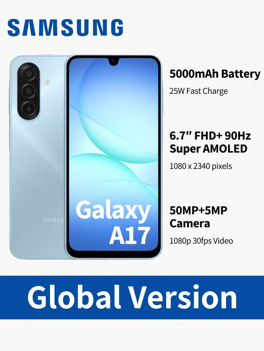Samsung Galaxy A17 智慧型手機,6.7 吋 Super AMOLED 螢幕,50MP 三鏡頭相機,2TB 可擴充儲存空間,雙 SIM 雙待機,90Hz 更新率,黑色/灰色/藍色,快速充電,Android 15 作業系統,AI 助手,IP54 防水 - 藍色 - 查看 1