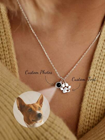 Personligt halsband med fotoprojektion för husdjur, halsband med hjärtformad tassavtryck och namnprojektion, smycken med foton för husdjur, halsband med foton för katt och hund, smycken med överraskning för jul och halloween-presenter till nära och kära