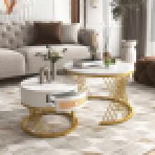2-In-1 Round MDF Coffee Table, Side Table With Wood Top And Plastic Rattan Drawers, Solid Wood Handles, Gold Iron Legs. 70*70*45.5+50*50*38.5 - White + MDF - View 3