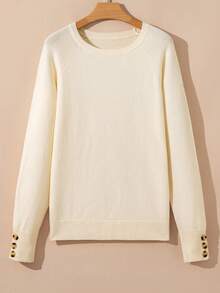 Acelitt Women's Camel Button Puff Sleeve Minimalist Crew Neck Knit Sweater, Autumn - Beige - View 5