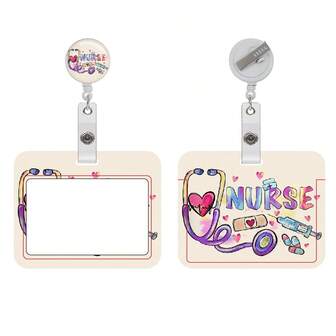 时尚护士胸牌卷轴，横向ID卡套，带有“护士”字样和医疗图标，可爱可伸缩胸牌夹，带水晶贴纸，适用于医护人员