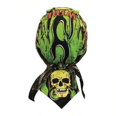 Danbanna Deluxe Neon Green Black Orange Wide Open Pinstripe Flames Headwrap Doo Rag Skull Cap Durag Sweatband Adjustable Ties