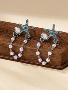 1 Cặp bông tai đính ngọc trai hình sao biển đính đá Zirconia thời trang, thích hợp cho các bữa tiệc, hẹn hò, đeo hàng ngày của phụ nữ - Hoa tai sao biển kim cương xanh - Xem 4