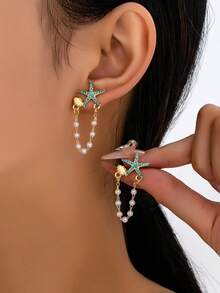 1 Cặp bông tai đính ngọc trai hình sao biển đính đá Zirconia thời trang, thích hợp cho các bữa tiệc, hẹn hò, đeo hàng ngày của phụ nữ - Hoa tai sao biển kim cương xanh - Xem 6